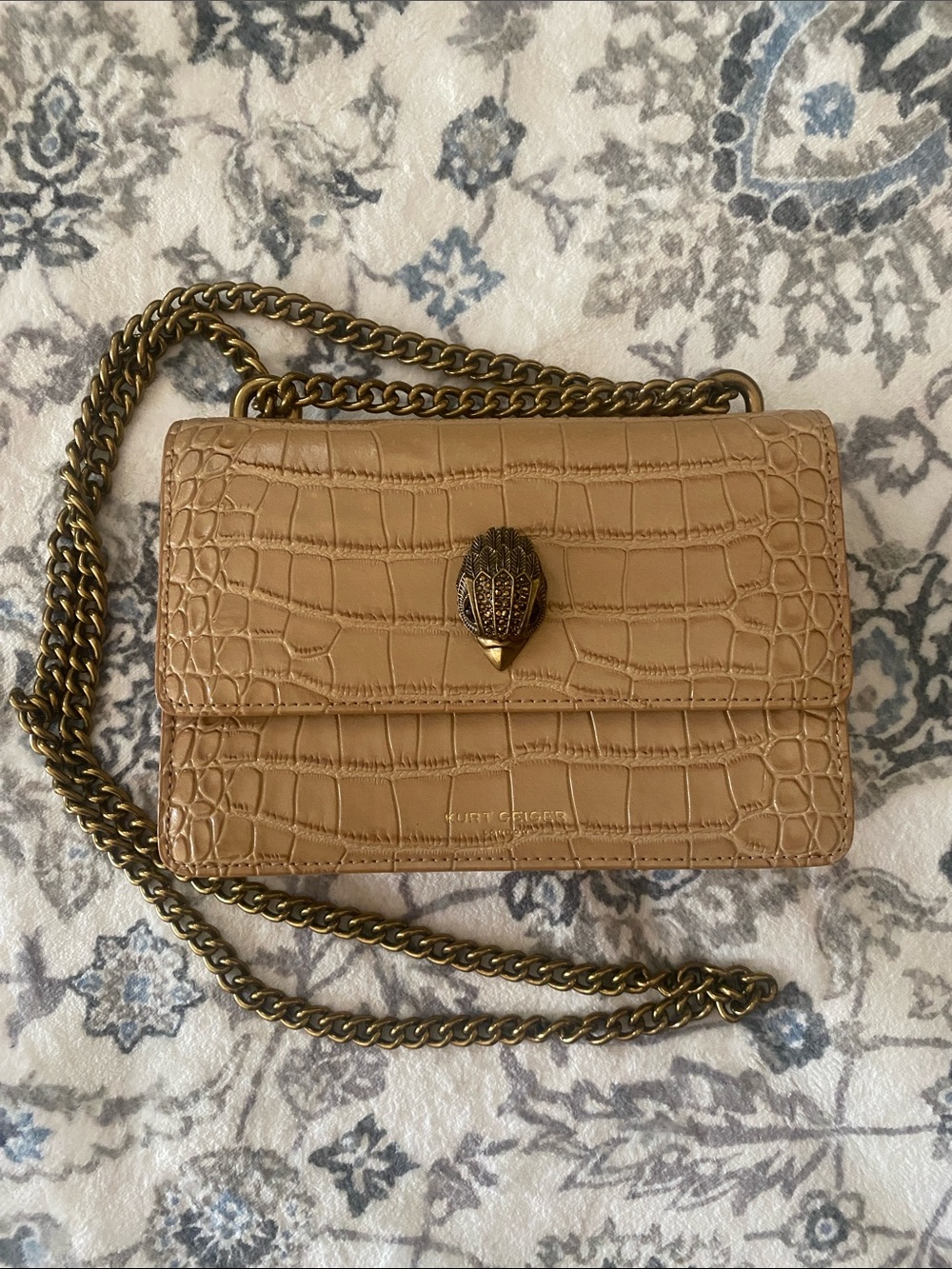 Kurt Geiger Beige Croc-Embossed Leather Chain Crossbody